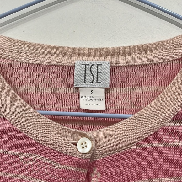 TSE Silk Cashmere Floral Striped Buttoned Pink Cream Cardigan size S - Picture 2 of 9